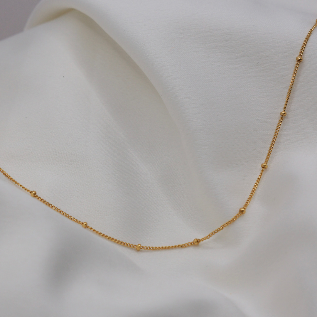 18K gold plating on sterling silver. Gold necklace, gold ball chain. Tarnish resistant, hypoallergenic.