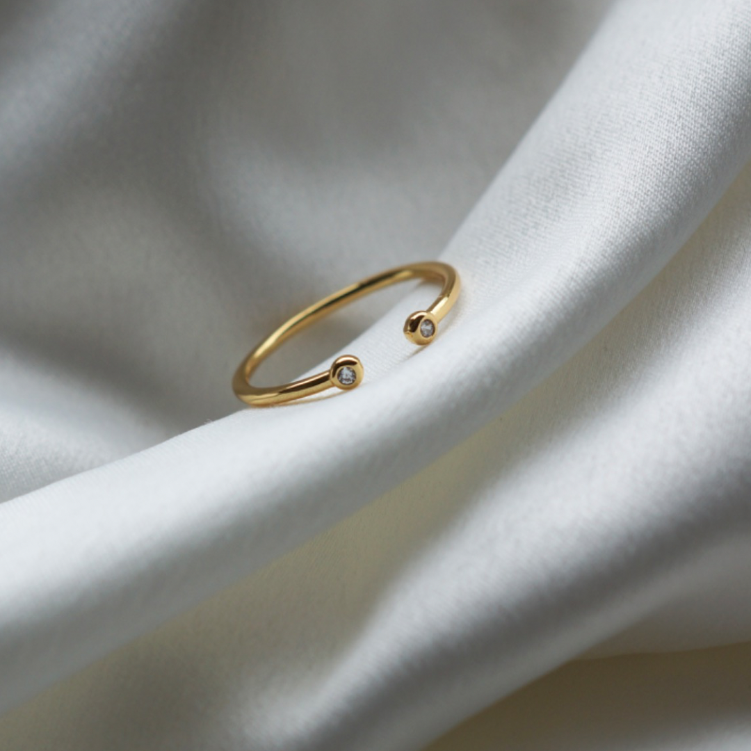 Dainty elegant Gold ring. Open Ring, gold ring. 18K Gold plating, 1 Micron of gold on Sterling Silver 925. Ring size: 7. Stacking ring.  Hypoallergenic - Approved for sensitive skin. Tarnish resistant. Sustainably made. SHOP NOW.