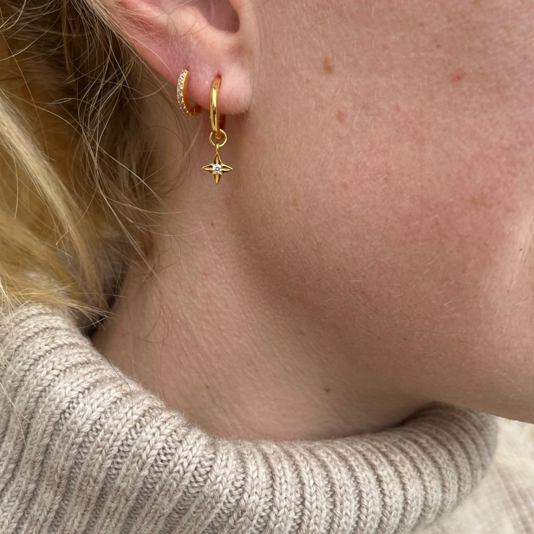 18K gold earrings. Pendant earring. Gold dropdown Hoops. Gold minimal hoops. Sterling silver 925. Tarnish resistant. Hypoallergenic earrings.