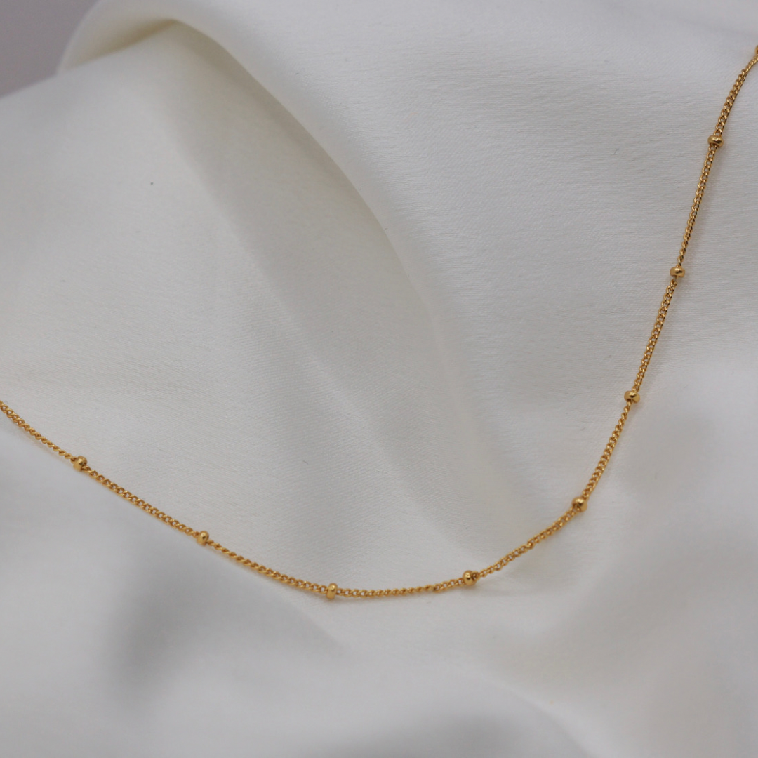 18K gold plating on sterling silver. Gold necklace, gold ball chain. Tarnish resistant, hypoallergenic. 